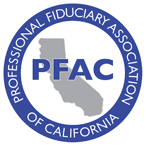 Logo of the Professional Fiduciary Association of California (PFAC) featuring a map of California, representing trust and fiduciary services for clients in California.