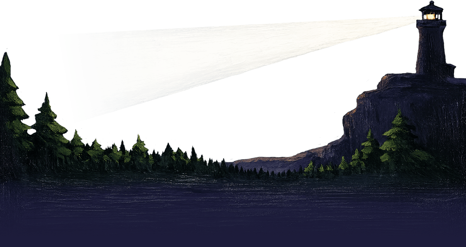 A lighthouse shining its beam across the night sky, guiding ships safely with a powerful light, situated on a rocky coastline with lush greenery.